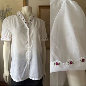 Vintage White Blouse with Floral Embroidery
